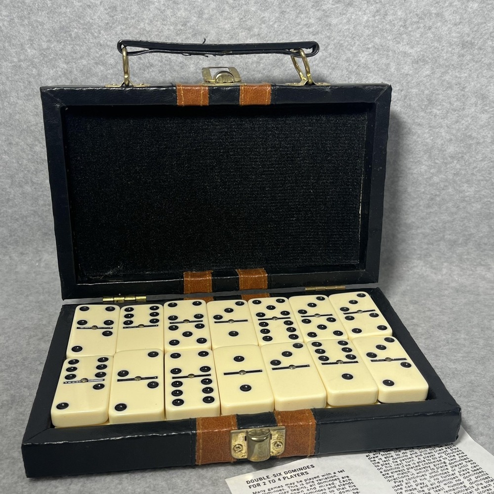 Vtg Double‎ Six Dominoes Travel 28 pc Tile Game Faux Leather Black Brown Case
